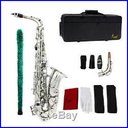 Alto Saxophone Sax Brass Carved Pattern on Surface with Cleaning Kit Silver