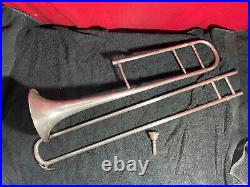 Antique Silver Trombone With Mouthpiece And Case