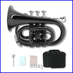 Black Bb Pocket Trumpet Brass Lacquer Trumpet 7C Mouthpiece, Hard Case, Strap