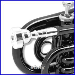 Black Bb Pocket Trumpet Brass Lacquer Trumpet 7C Mouthpiece, Hard Case, Strap