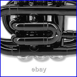 Black Bb Pocket Trumpet Brass Lacquer Trumpet 7C Mouthpiece, Hard Case, Strap