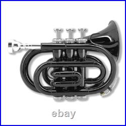 Black Bb Pocket Trumpet Brass Lacquer Trumpet 7C Mouthpiece, Hard Case, Strap