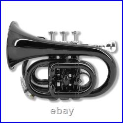 Black Bb Pocket Trumpet Brass Lacquer Trumpet 7C Mouthpiece, Hard Case, Strap