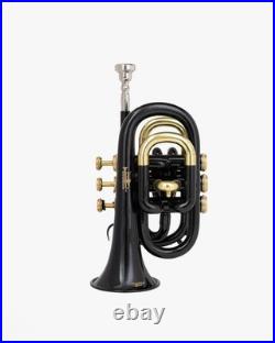 Black Pocket Trumpet Bb with Case-Mouthpiece Compact Brass Kit BRS