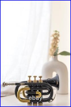 Black Pocket Trumpet Bb with Case-Mouthpiece Compact Brass Kit BRS. CHRISTMAS