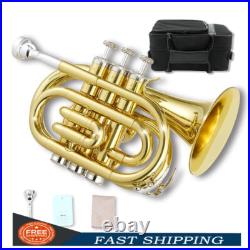 Brass Bb Pocket Trumpet Lacquer Yellow Trumpet 7C Mouthpiece, Hard Case, Strap