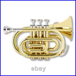 Brass Bb Pocket Trumpet Lacquer Yellow Trumpet 7C Mouthpiece, Hard Case, Strap