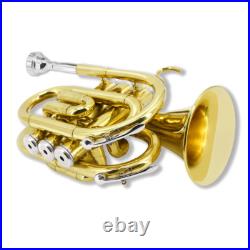 Brass Bb Pocket Trumpet Lacquer Yellow Trumpet 7C Mouthpiece, Hard Case, Strap Brass Bb Pocket Trumpet Lacquer Yellow Trumpet 7C Mouthpiece, Hard Case, Strap