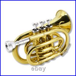Brass Bb Pocket Trumpet Lacquer Yellow Trumpet 7C Mouthpiece, Hard Case, Strap