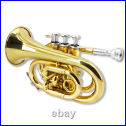 Brass Bb Pocket Trumpet Lacquer Yellow Trumpet 7C Mouthpiece, Hard Case, Strap