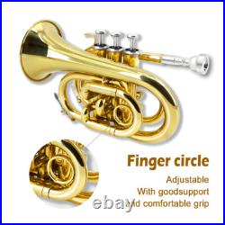 Brass Bb Pocket Trumpet Lacquer Yellow Trumpet 7C Mouthpiece, Hard Case, Strap