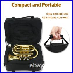 Brass Bb Pocket Trumpet Lacquer Yellow Trumpet 7C Mouthpiece, Hard Case, Strap