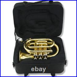 Brass Bb Pocket Trumpet Lacquer Yellow Trumpet 7C Mouthpiece, Hard Case, Strap