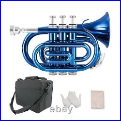 Brass Bb Pocket Trumpet with Case, Mouthpiece, Cleaning Cloth Blue