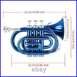 Brass Bb Pocket Trumpet with Case, Mouthpiece, Cleaning Cloth Blue