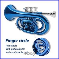 Brass Bb Pocket Trumpet with Case, Mouthpiece, Cleaning Cloth Blue
