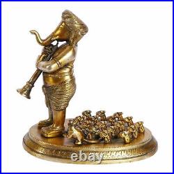 Brass Lord Ganesha Ganpati Bappa Playing Musical Instruments with Rats Statue
