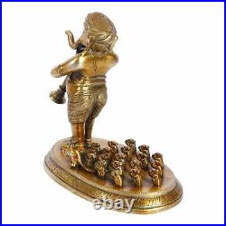 Brass Lord Ganesha Ganpati Bappa Playing Musical Instruments with Rats Statue