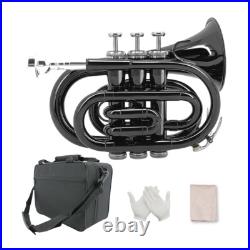 Brass Pocket Trumpet Bb Key Nickel Plated with Mouthpiece 7C, Cleaning Kit Black