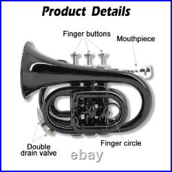Brass Pocket Trumpet Bb Key Nickel Plated with Mouthpiece 7C, Cleaning Kit Black