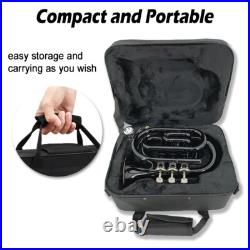 Brass Pocket Trumpet Bb Key Nickel Plated with Mouthpiece 7C, Cleaning Kit Black