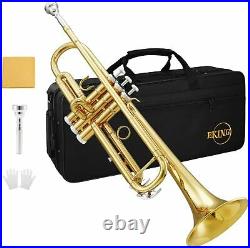 Eking Bb Standard Trumpet Gold Brass for Beginners Student with Case Mouthpiece