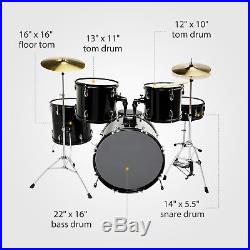 Full Size Complete Adult 5 Pieces Drum Set with Cymbals, Stool & Sticks Black
