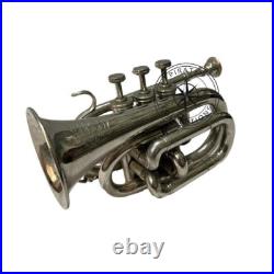 Glorious Antique Chrome Finish Trumpet Pocket Bugle Horn 3 Valve Mouthpiece Gift
