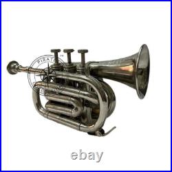 Glorious Antique Chrome Finish Trumpet Pocket Bugle Horn 3 Valve Mouthpiece Gift
