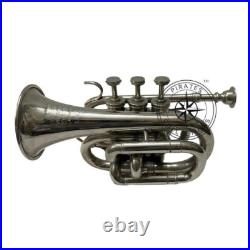 Glorious Antique Chrome Finish Trumpet Pocket Bugle Horn 3 Valve Mouthpiece Gift