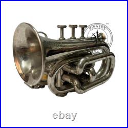 Glorious Antique Chrome Finish Trumpet Pocket Bugle Horn 3 Valve Mouthpiece Gift