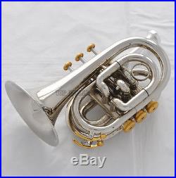 High Grade Silver Nickel Plated Pocket Trumpet Large bell Bb Horn With Case