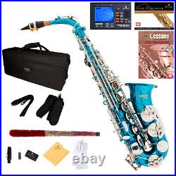 MENDINI SKY BLUE LACQUER BRASS Eb ALTO SAXOPHONE With TUNER, CASE, CAREKIT, 11 REEDS