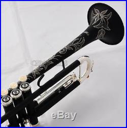 Matte Black Silver Trumpet horn Bb Keys Hand engraved bell New case