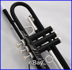 Matte Black Silver Trumpet horn Bb Keys Hand engraved bell New case