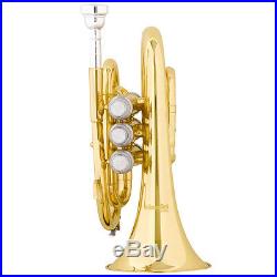 Mendini Gold Lacquer Mini / Pocket Trumpet +Tuner+Stand+Case