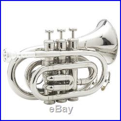 Mendini Nickel Plated Mini / Pocket Trumpet +Tuner+Stand+Case