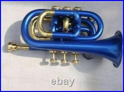Musical Pocket Trumpet Bb Pitch Blue With Free Hard Case Vvvv