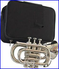 New Musical Pocket Trumpet Brass Nickel Plated With Mouth Piece +case
