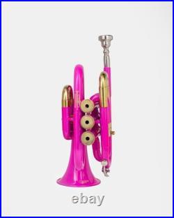 Pocket Trumpet Bb Pink Brass Gold Trim with Case-Mouthpiece