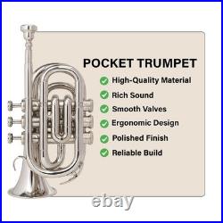 Pocket Trumpet NICKEL Plated with Mouth Piece n Case-BRS HORN FAST SHIPPING