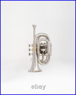 Pocket Trumpet NICKEL Plated with Mouth Piece n Case-BRS HORN FAST SHIPPING