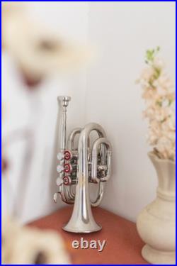 Pocket Trumpet NICKEL Plated with Mouth Piece n Case-BRS HORN FAST SHIPPING