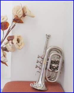 Pocket Trumpet NICKEL Plated with Mouth Piece n Case-BRS HORN FAST SHIPPING