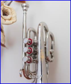Pocket Trumpet NICKEL Plated with Mouth Piece n Case-BRS HORN FAST SHIPPING