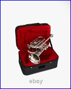 Pocket Trumpet NICKEL Plated with Mouth Piece n Case-BRS HORN FAST SHIPPING