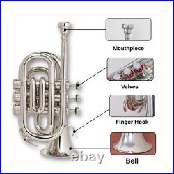 Pocket Trumpet NICKEL Plated with Mouth Piece n Case-BRS HORN FAST SHIPPING