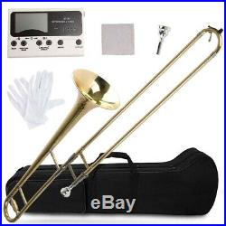 Pro Bb Tenor Slide Trombone Gold withTuner, Case, Care Kit Standard Student Beginner