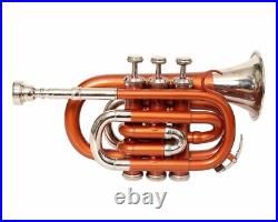 Sale! Mini Pocket Trumpet Pocket Made Of Pure Brass Orange Nickel Case & M/p