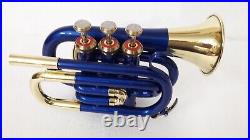 Sale Pocket Trumpet Blue Brass Colored Bb Pitch With Free Hard Case + Mouthpiece